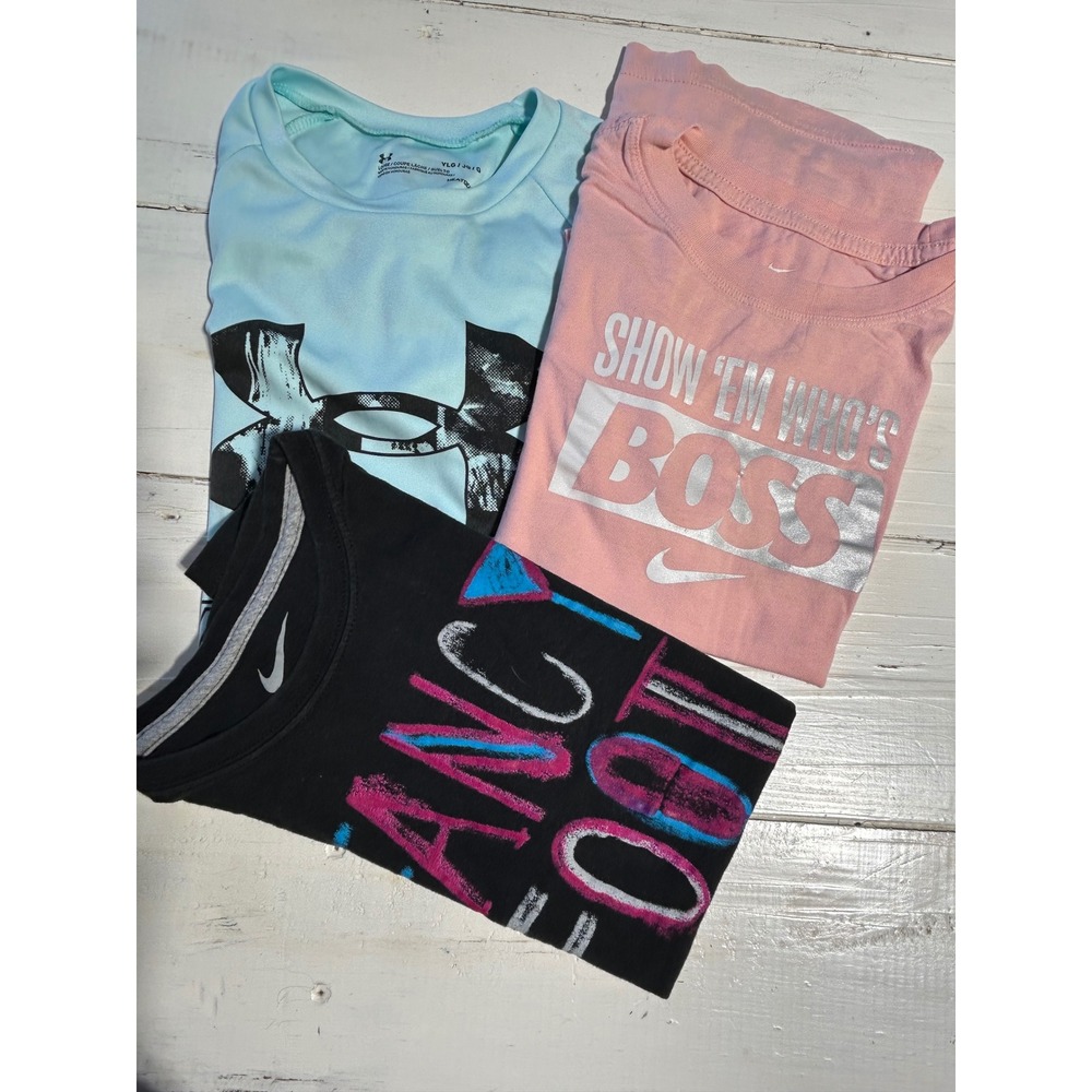 Nike Under Armour Girls Graphic T-Shirt Bundle Pink Blue Black Size Large YLG
